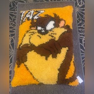 Taz Vintage Pillow Black Leather Decorative  with Yellow Fringe Looney Tunes